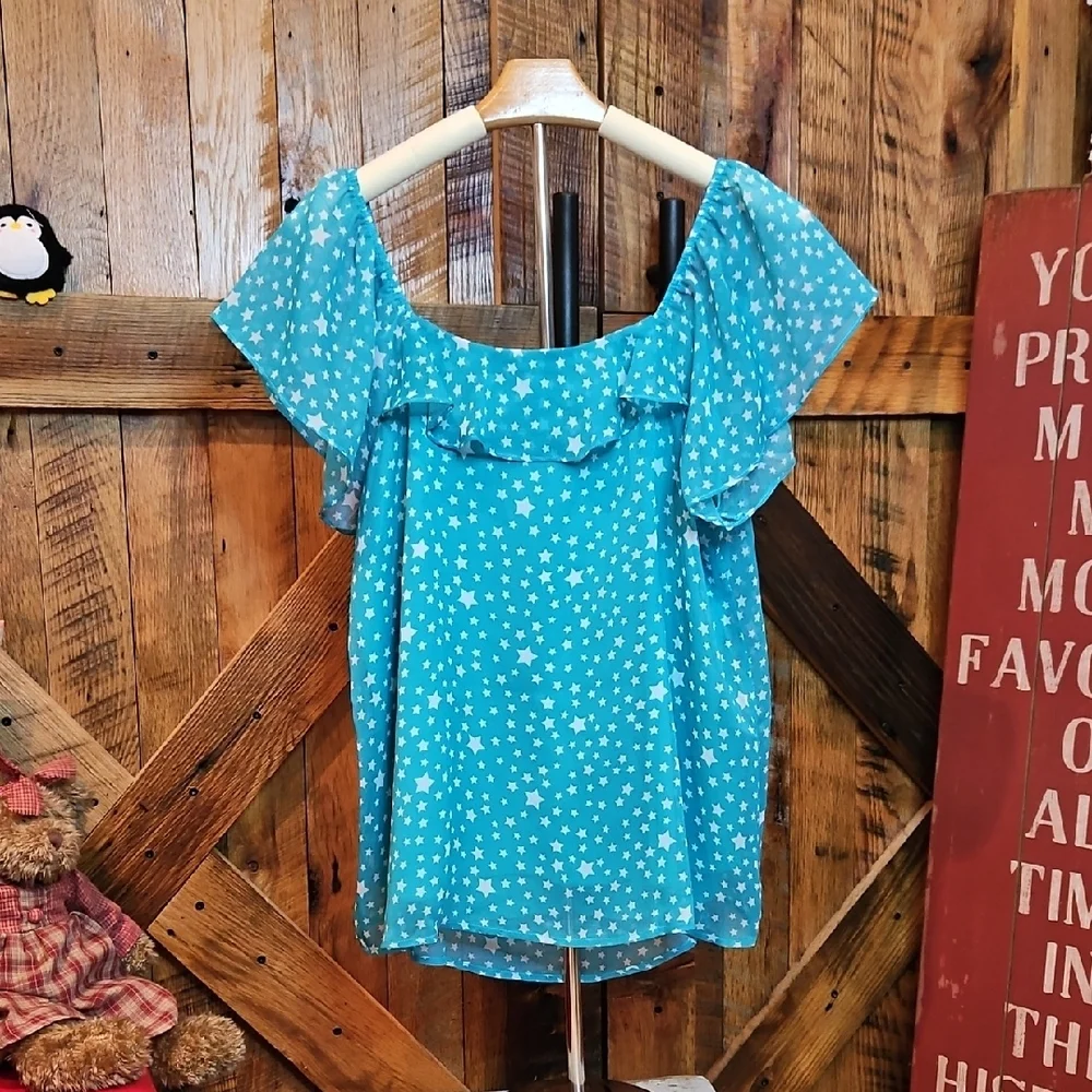 140 ANDREE BY UNIT Turquoise Star Print Blouse - Picture 3 of 4